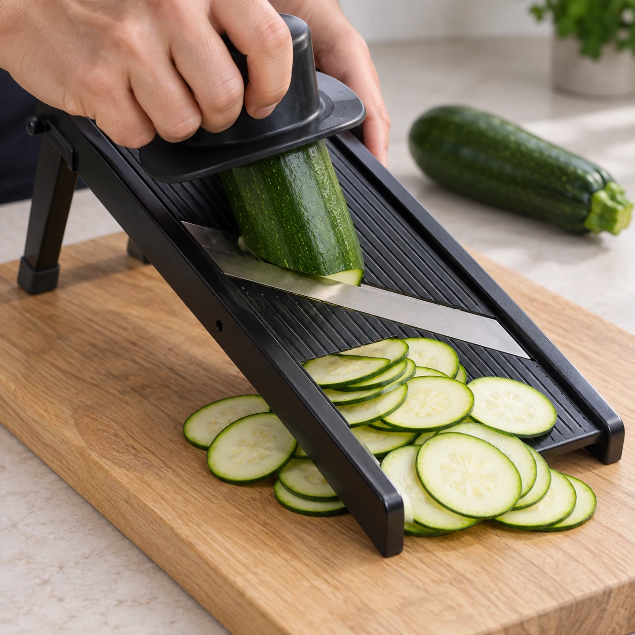 Mandoliner la courgette verte supplémentaire : Les rondelles de courgette verte supplémentaire sont fines et régulières.