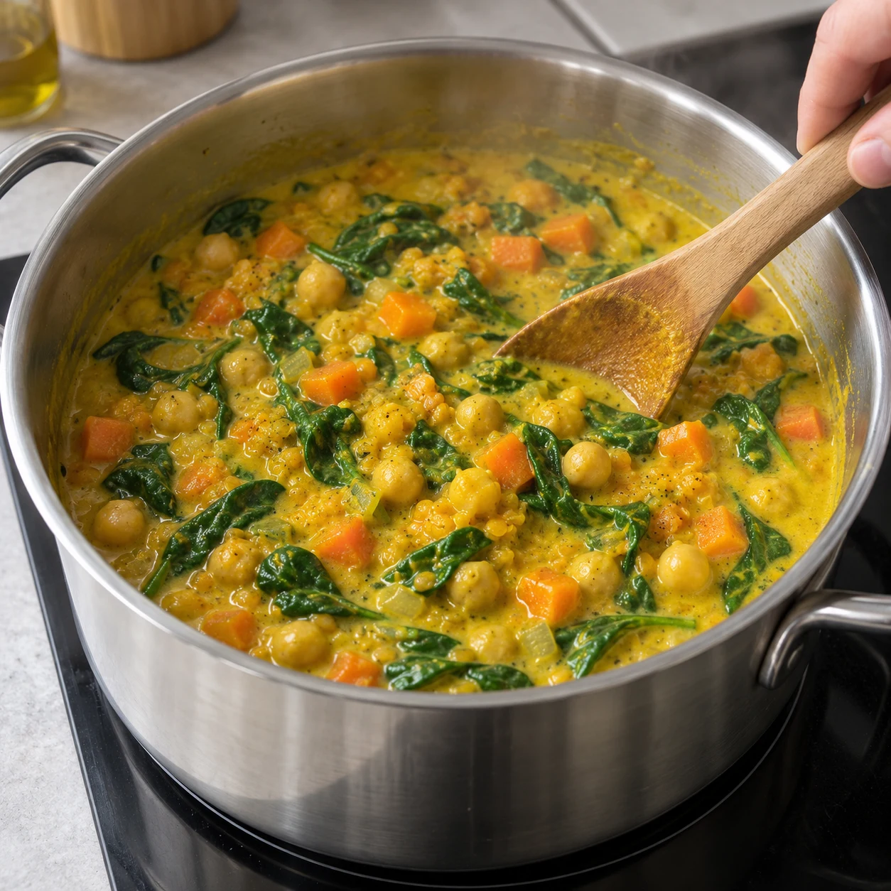 Curry fini jaune crémeux en casserole, pois chiches entiers, carottes en dés et épinards retombés, aucune viande.