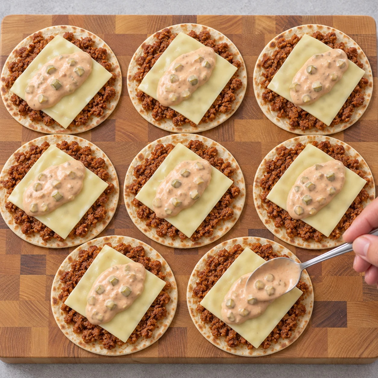 Cuillère déposant une sauce orangée aux cornichons sur les tranches végétales.