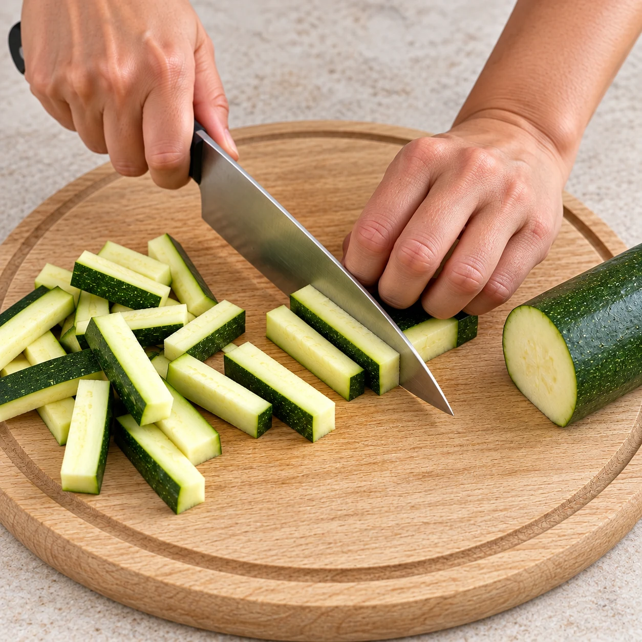 Bâtonnets de courgette coupés avec une prise en griffe sûre.