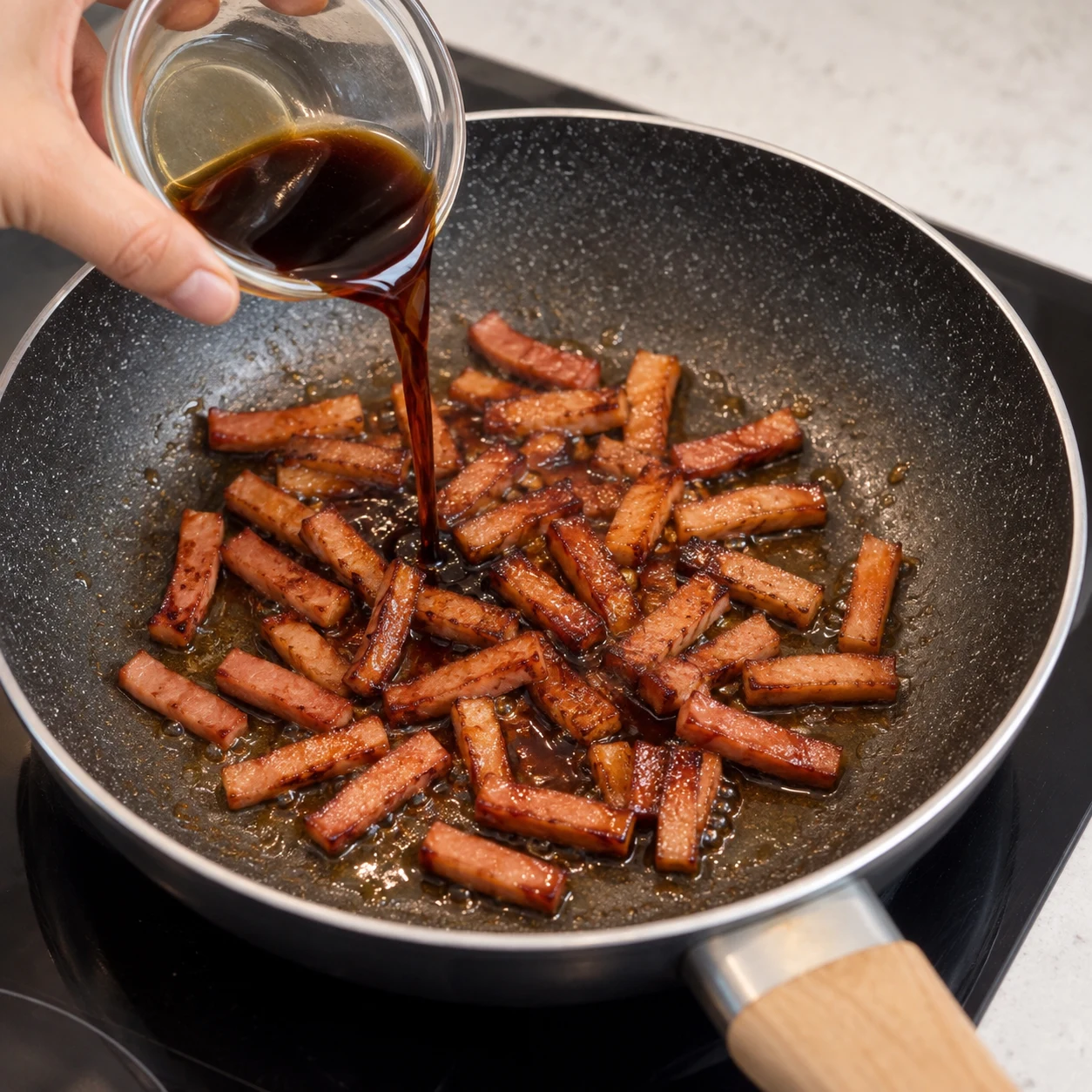 Petites lamelles allongées de lardons végétaux fumés brun rosé, jamais cubes ; Verser la sauce soja salée sur les lardons végétaux fumés dorés.