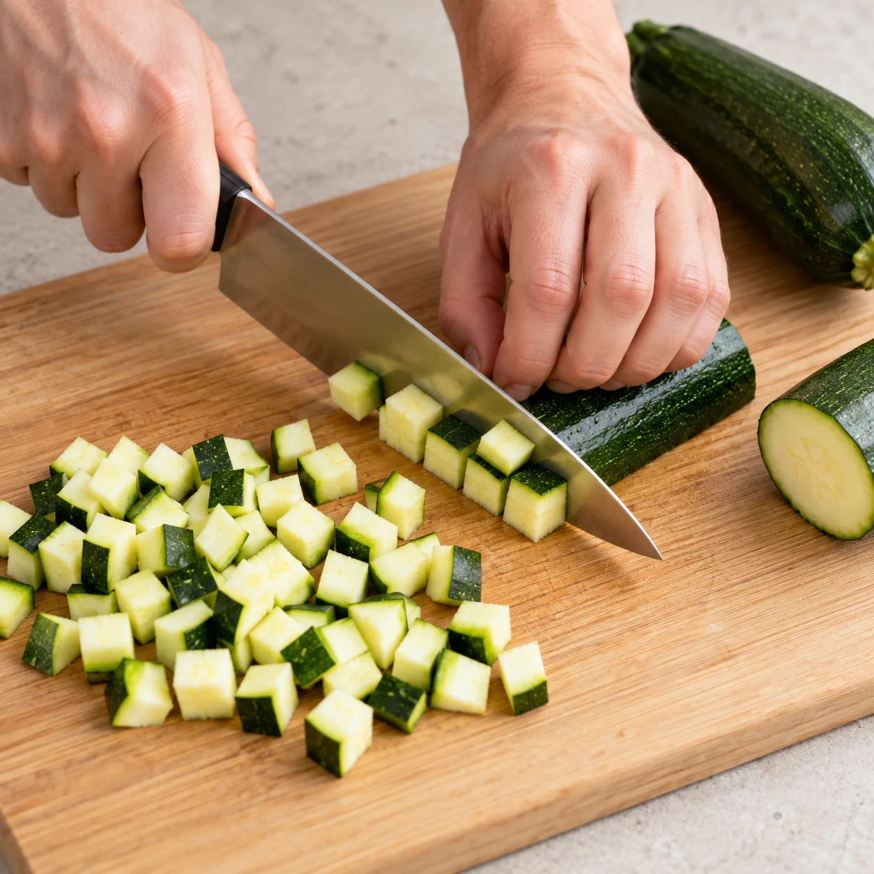 Coupe les 300 g de courgette en petits dés sur une planche stable, les doigts repliés. Montrer uniquement les ingrédients déjà introduits ; cadrage rapproché, mains anonymes si utiles.