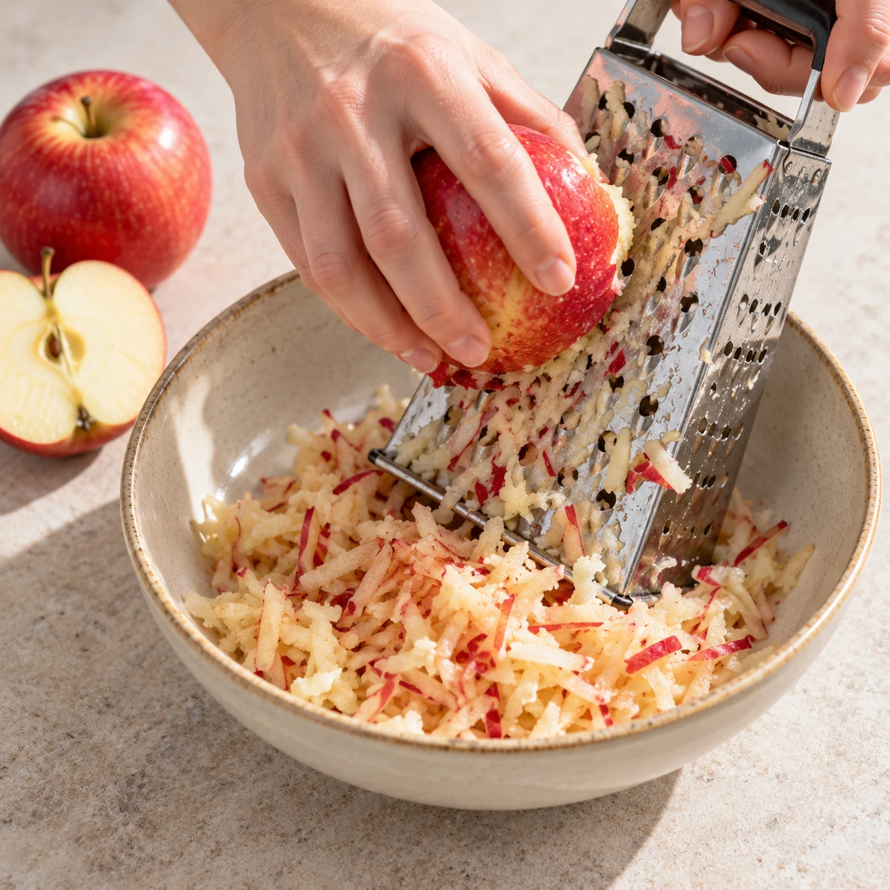 Une pomme rouge râpée et une râpe dans un bol, mains anonymes ; aucun autre ingrédient.