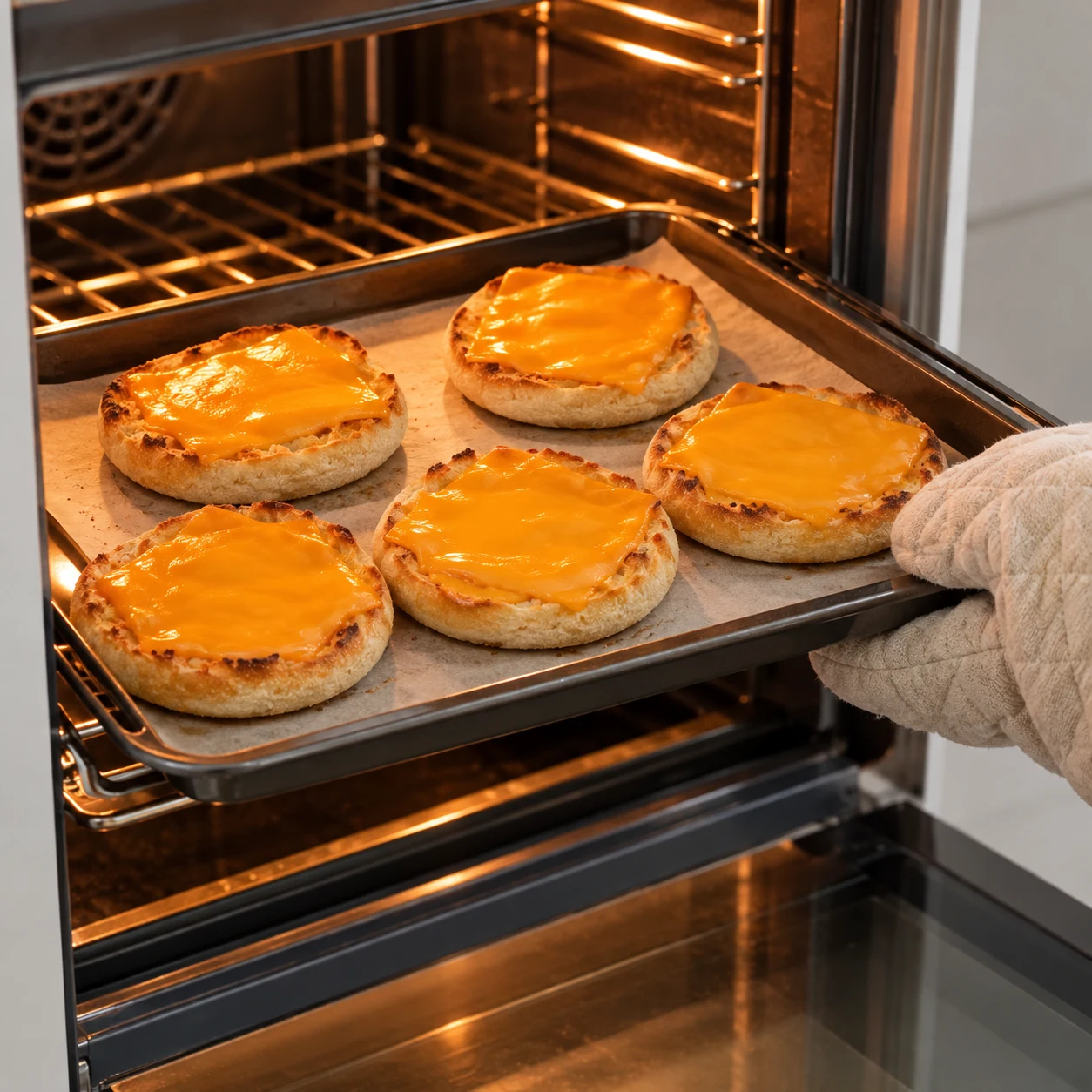 Enfourner les moitiés garnies à 190 °C pendant 7 minutes, comme dans la source, jusqu’à ce que les pains soient grillés et les tranches végétales assouplies.