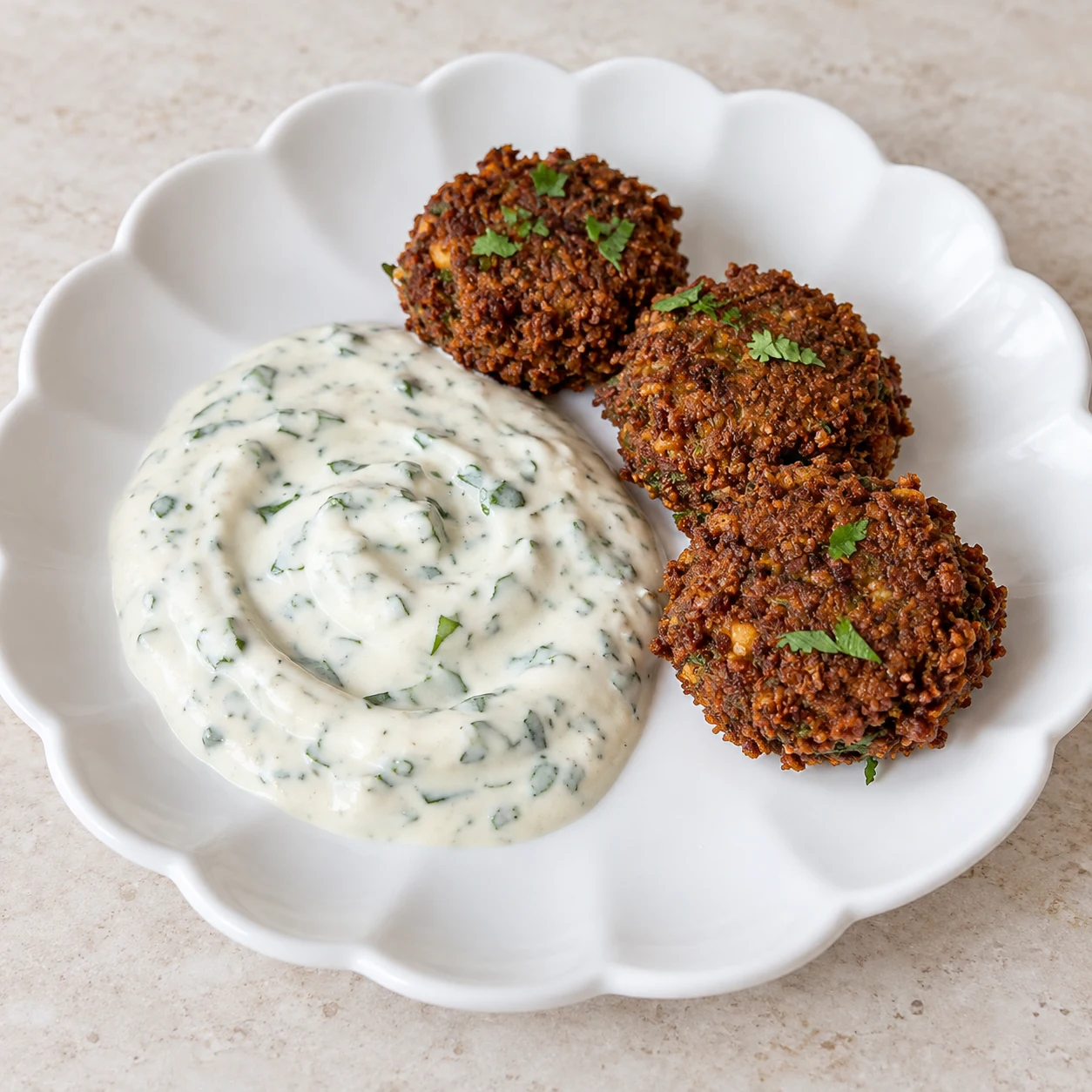 Assiette neutre avec petits falafels bruns croustillants, quelques fragments de coriandre et sauce végétale aux herbes, sans pain ni crudités.