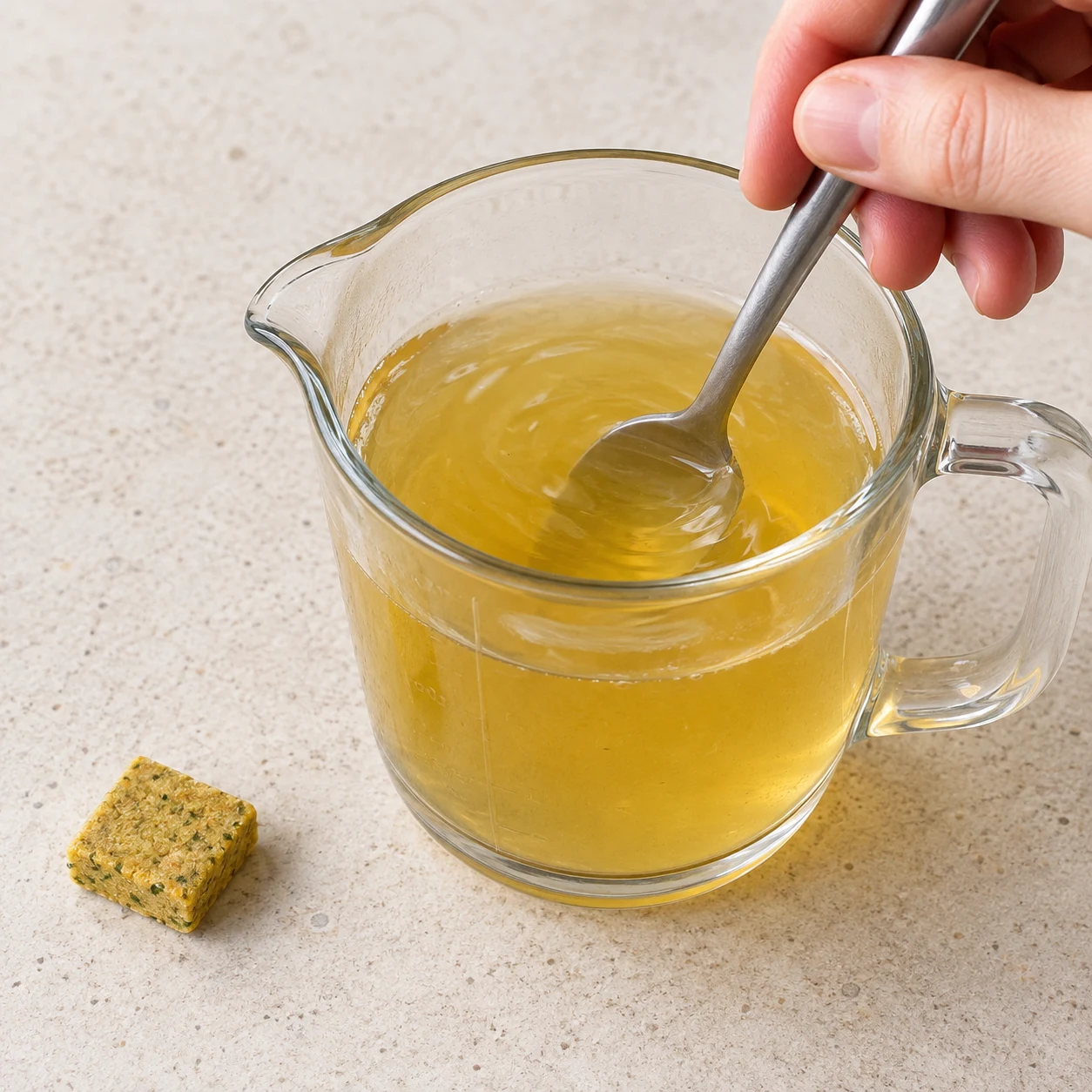 Dissoudre le bouillon de légumes. Le bouillon est dissous, sans morceau de cube visible. Une seule action, plan de travail pierre pâle, ustensiles neutres ; seulement les ingrédients de cette étape.