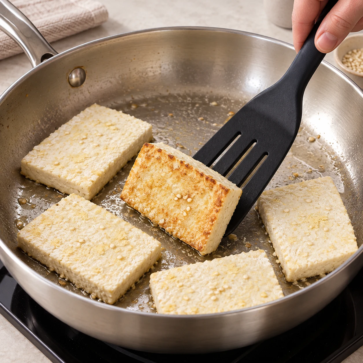 Retourner le tofu. La face dorée est tournée vers le haut ; les tranches restent entières.. Ne montrer que tofu, fecule, levure, sel-enrobage, sesame, huile à cette phase ; lumière naturelle, mains anonymes sans accessoires, aucun texte ni visage.