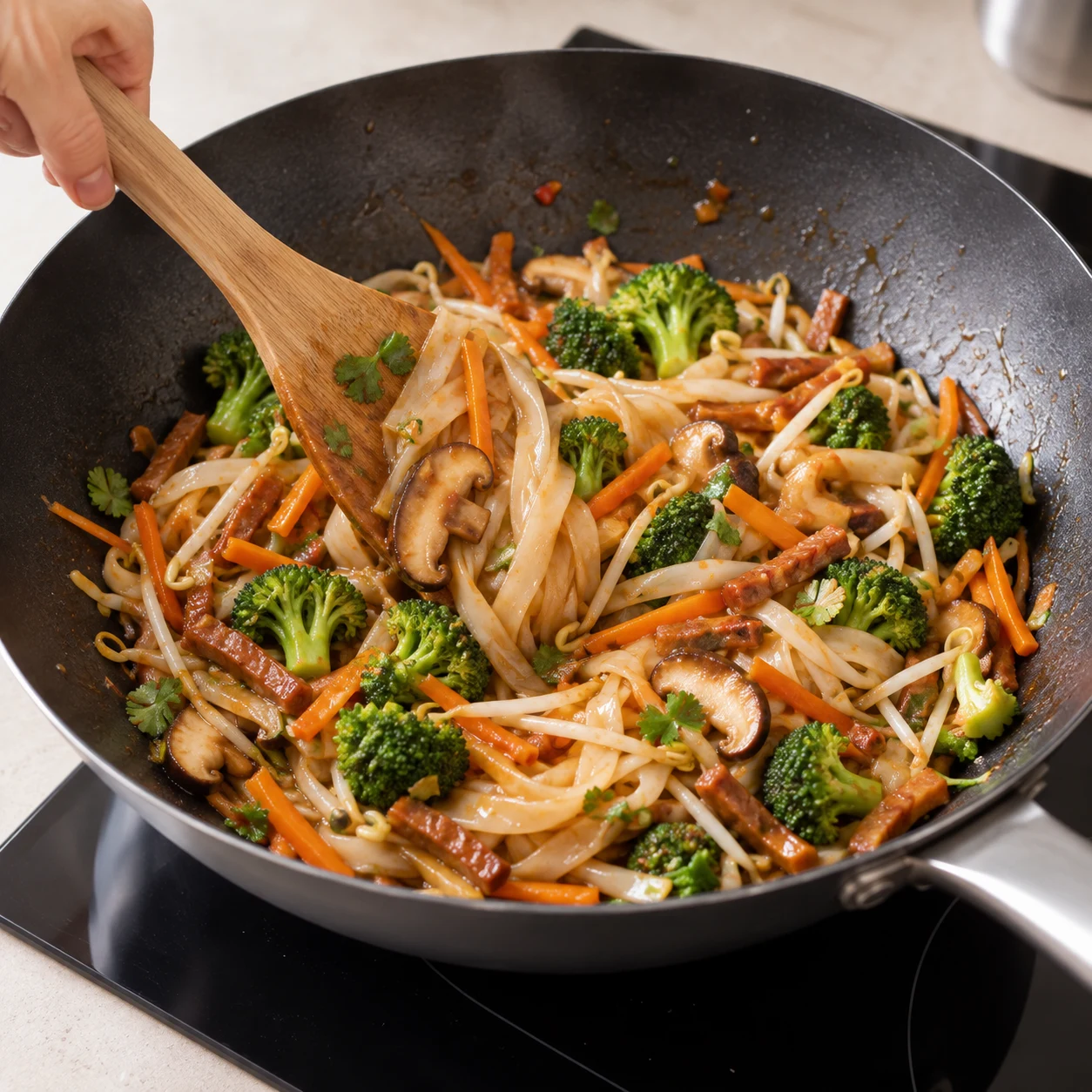 Spatule mêlant nouilles larges de riz et légumes dans le wok.