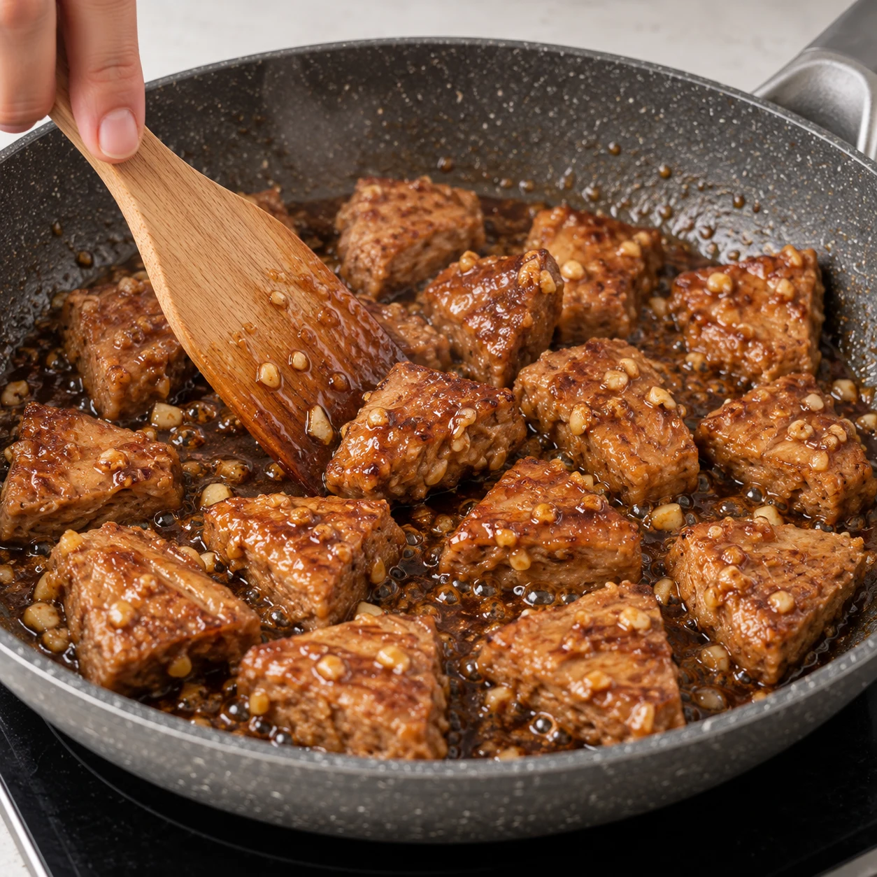 Remets les morceaux végétaux grillés dans la poêle et retourne-les pour les couvrir de sauce. Résultat : Tous les morceaux portent une couche brillante de sauce à l’ail.