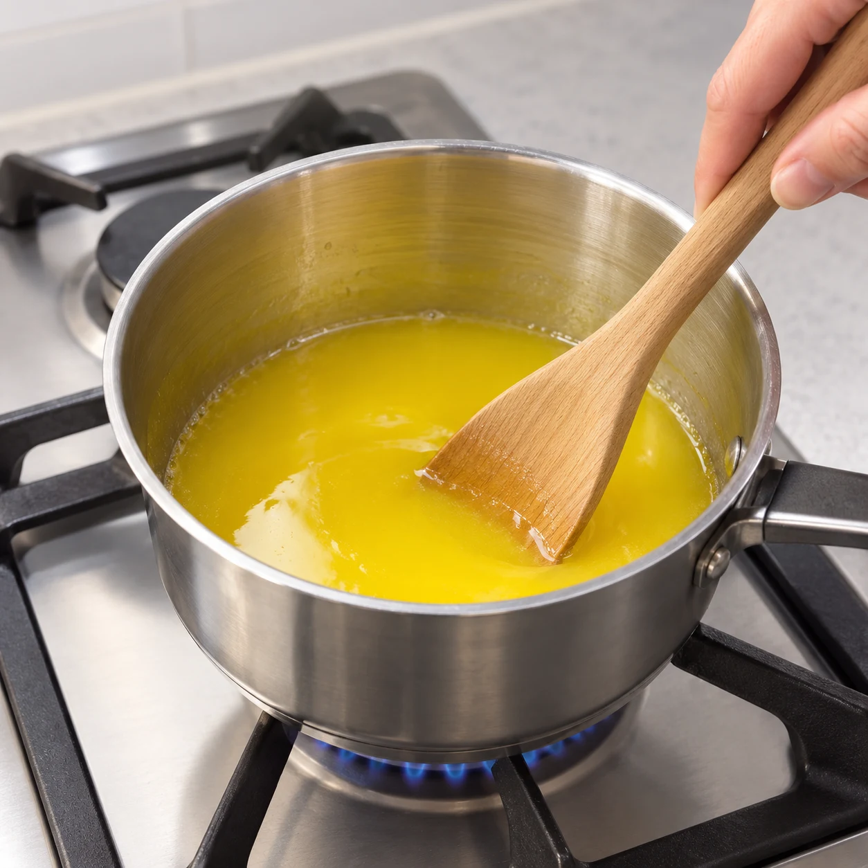 Petite casserole contenant 100 g de margarine végétale en cours de fonte ; aucun sucre.