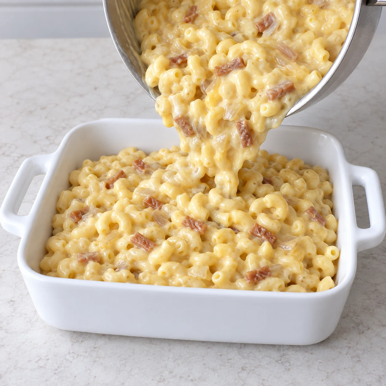 Verser pâtes crémeuses avec petits lardons fumés dans plat blanc.