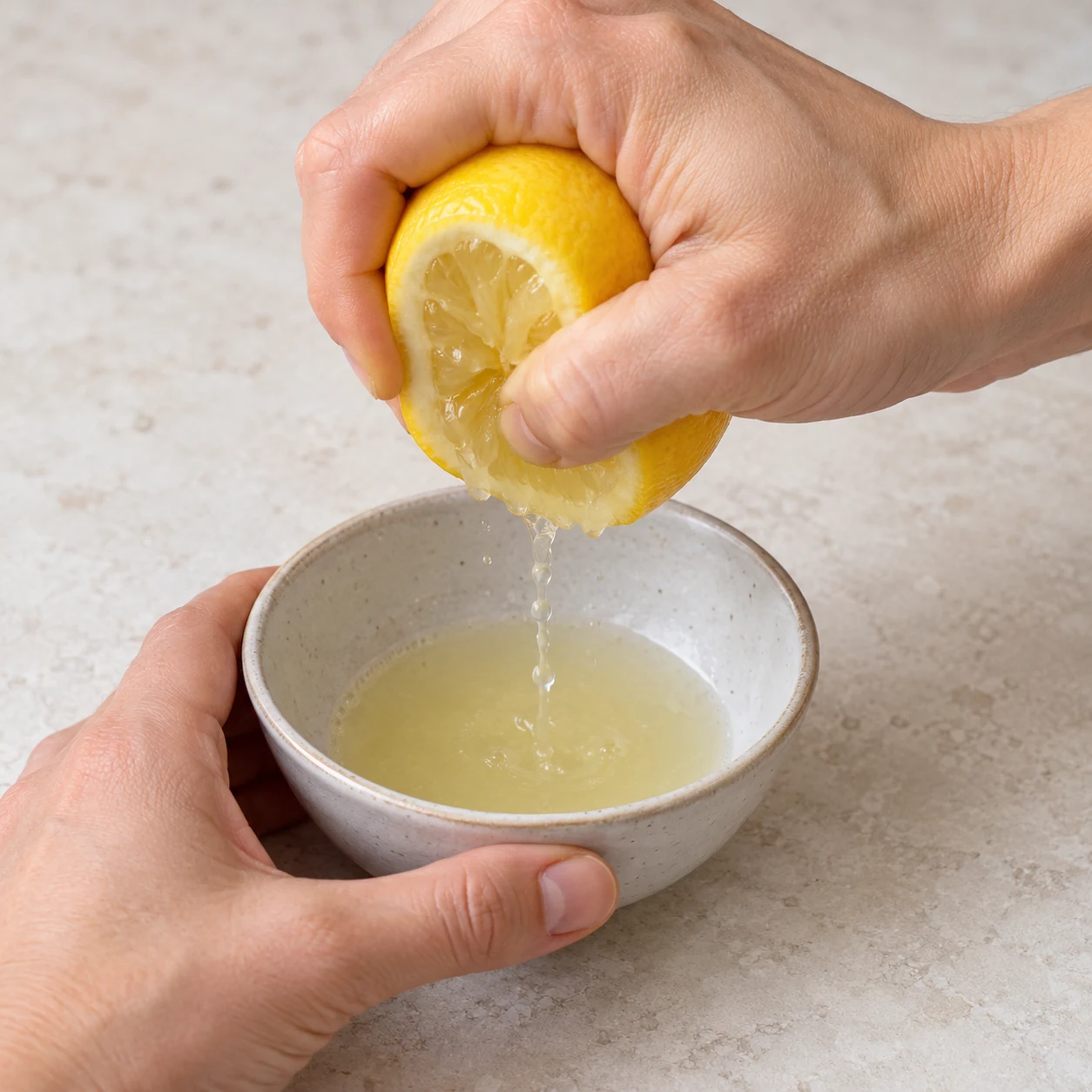 Deux mains adultes anonymes pressent un citron jaune dans un petit bol ; aucune autre garniture.