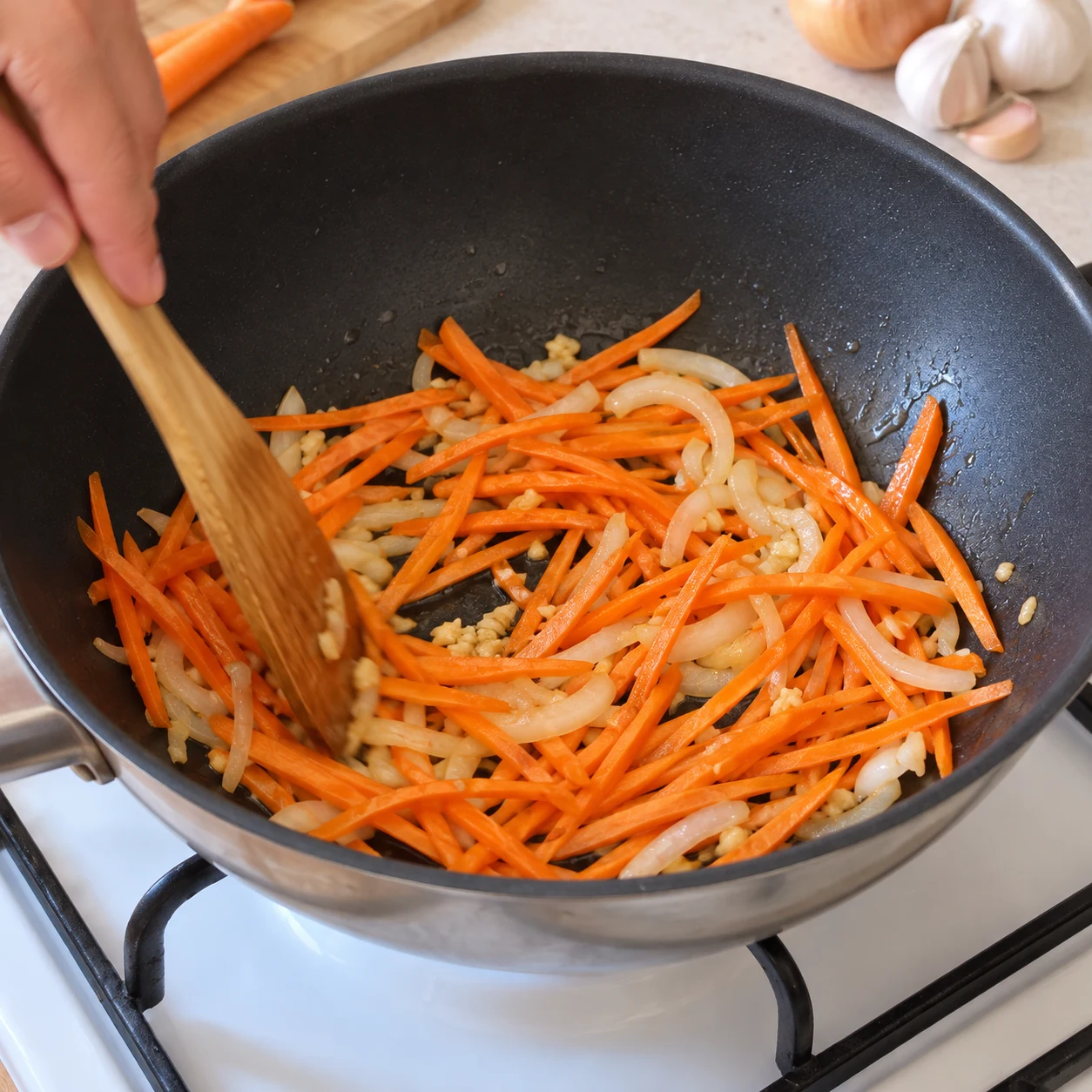 Ajoute la julienne de carotte au mélange aromatique et cuis une minute en remuant. Résultat : La carotte est enrobée et garde sa forme de julienne.