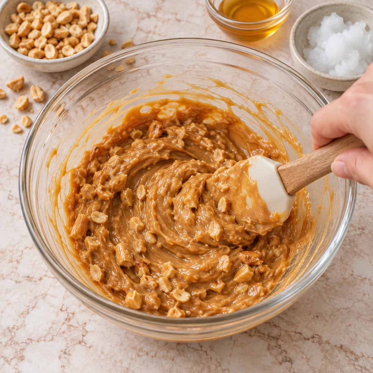 Spatule mélangeant purée de cacahuète couleur caramel avec éclats de cacahuètes uniquement, ni pretzel ni biscuit.