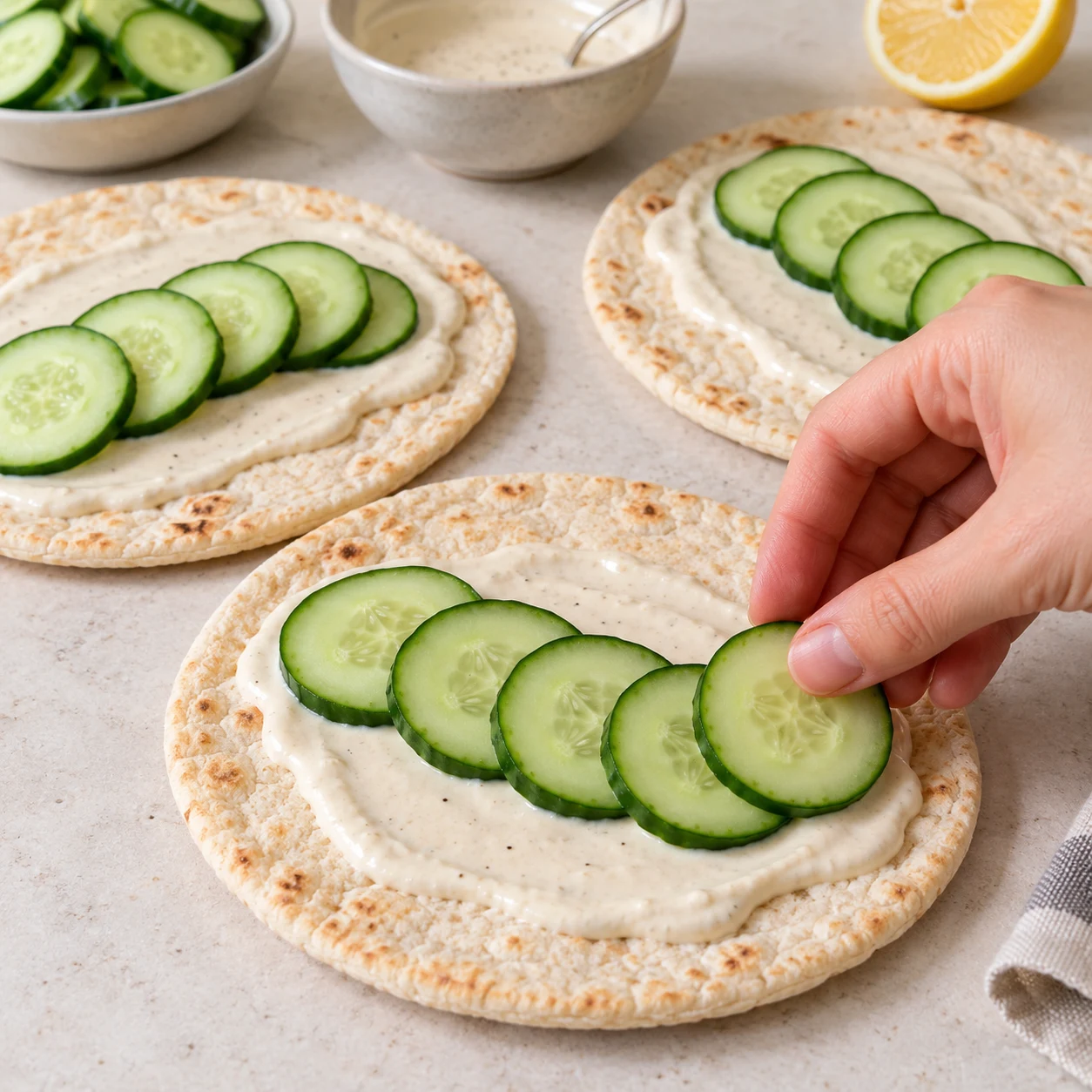 Dispose les rondelles de concombre sur la sauce. Une seule phase, ingrédients de la variante uniquement.