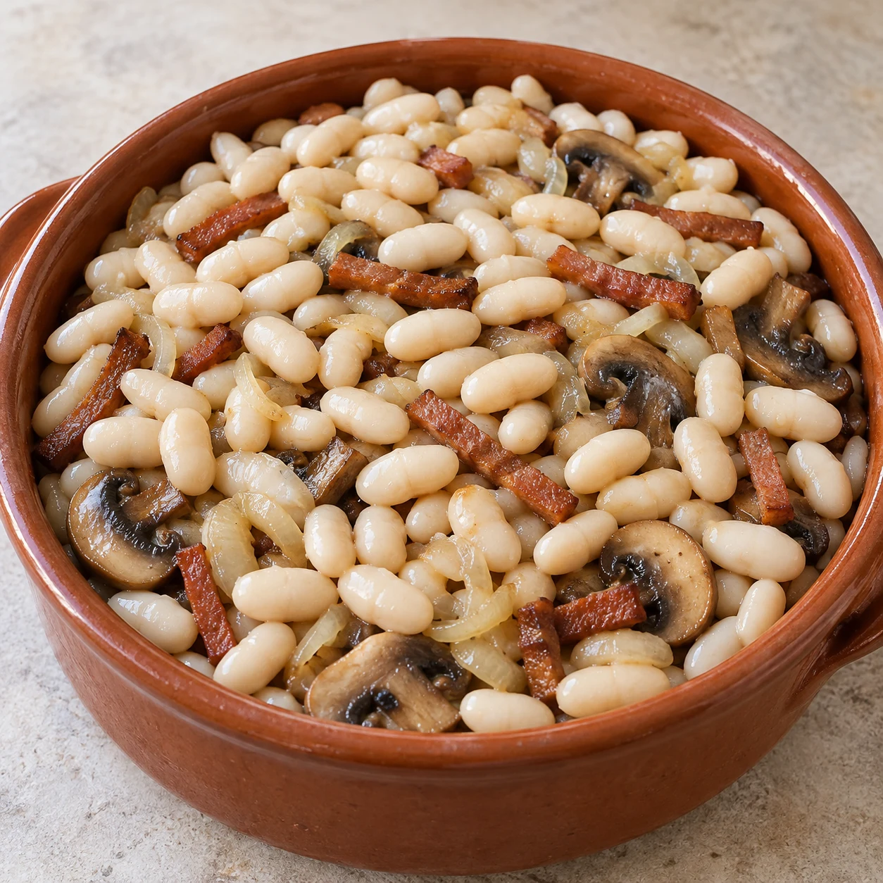 Monter le cassoulet : Dans un grand plat en terre dispose les champignons réservés du bouillon au fond, puis alterne haricots, lardons végétaux dorés, oignon revenu et champignons poêlés. Termine par une couche de haricots. Repère final : Les haricots forment la couche supérieure et les garnitures sont réparties dans le plat.