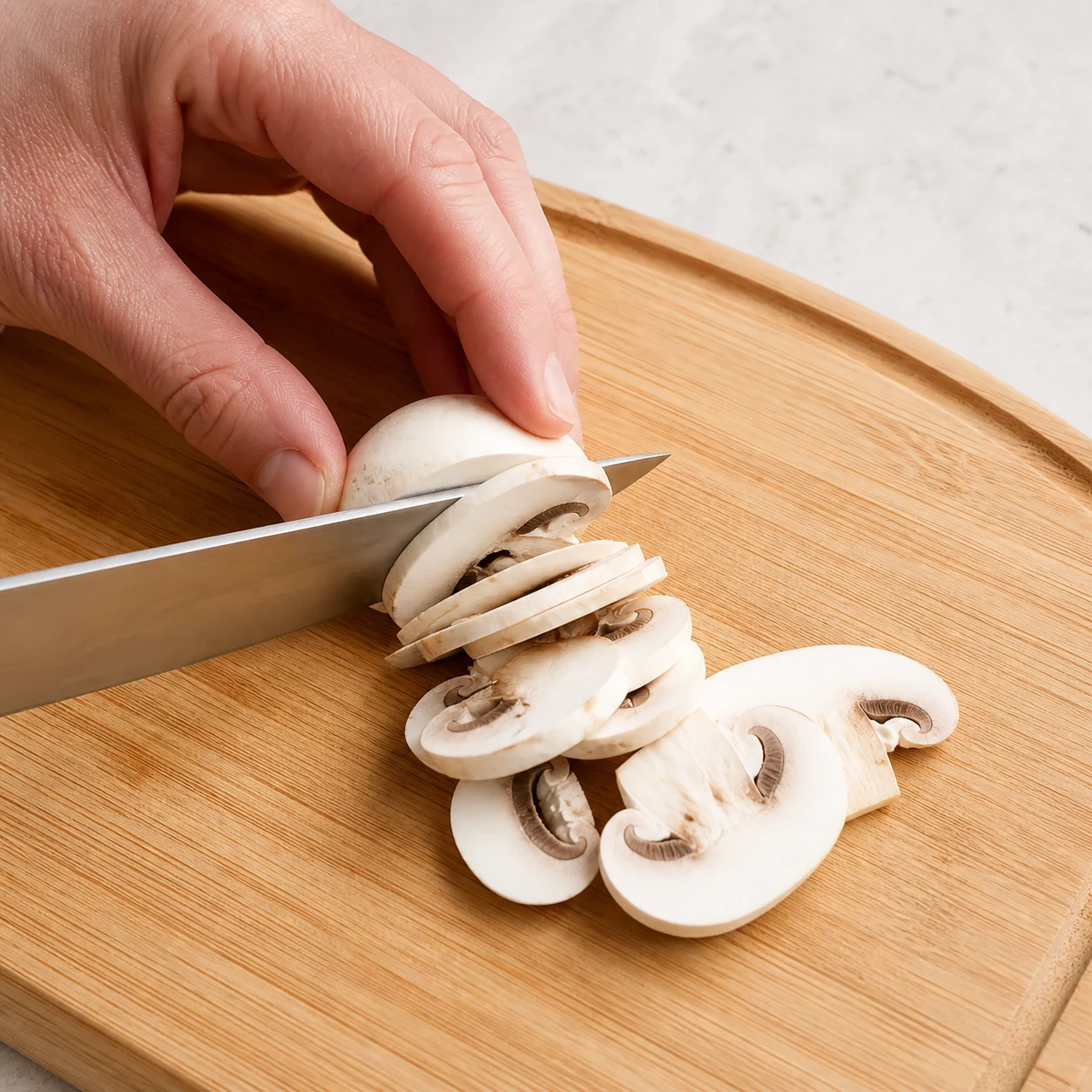 Champignon de Paris activement tranché en lamelles sur une planche stable, couteau visible et main adulte en prise en griffe sûre, lamelles qui s’accumulent à côté.