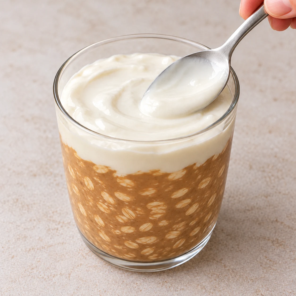 Une cuillère répartit le yaourt de soja nature blanc, souple et onctueux sur le porridge dans un verre. Version filmée sans spéculoos.