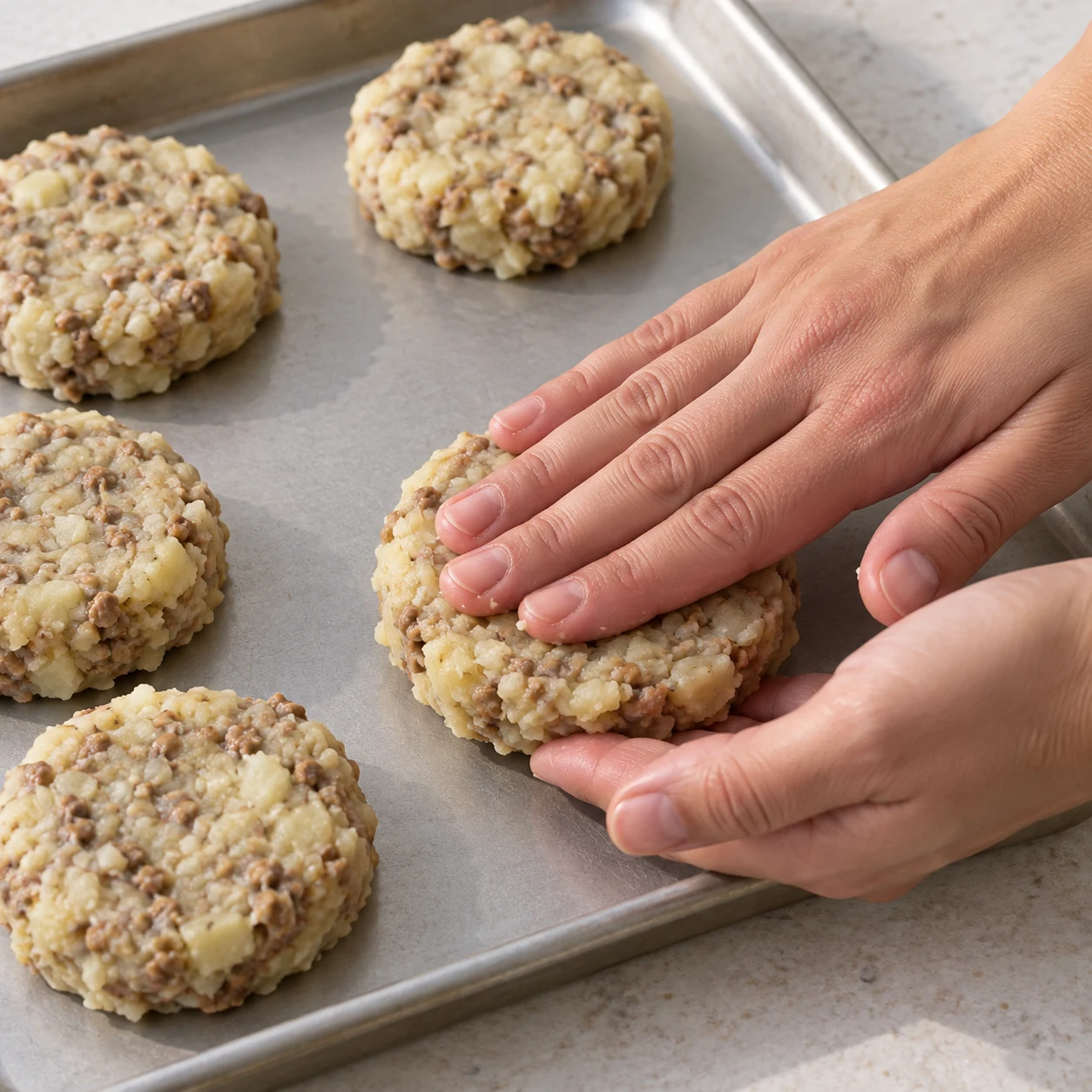 Aplatir les galettes : montrer uniquement cette phase, avec les ingrédients véganes de la liste et des mains adultes anonymes si nécessaires.