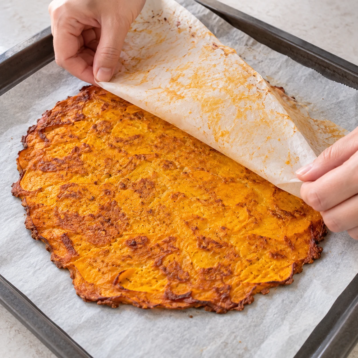 Mains anonymes décollant doucement le papier d’une feuille de patate douce cuite.