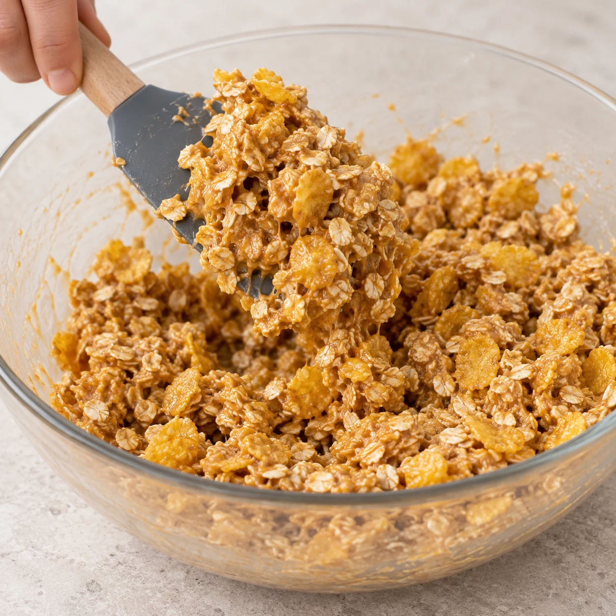 Spatule soulevant des amas de céréales enrobées, texture collante et pétales de maïs visibles. La céréale croustillante est du corn flakes en fragments dorés et plats, jamais des grains de riz soufflé.