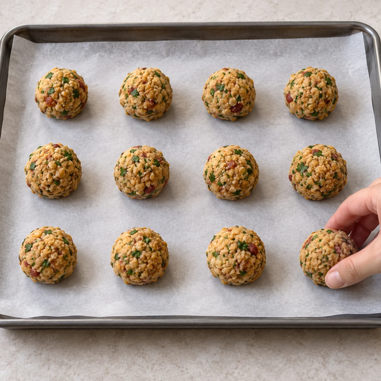 Une seule phase : Disposez les 12 boulettes sur une plaque couverte de papier cuisson. État attendu : Les boulettes sont séparées et reposent sur le papier cuisson. Sans texte, sans personne identifiable, uniquement les ingrédients de cette étape.
