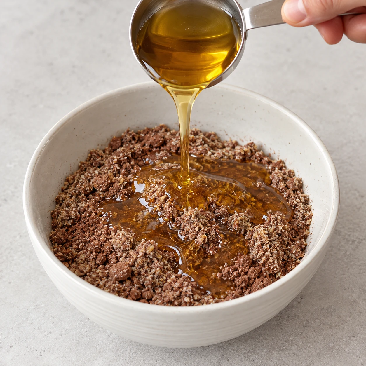 Ruban d’agave doré versé sur une poudre fine de noix, courge et cacao brun.