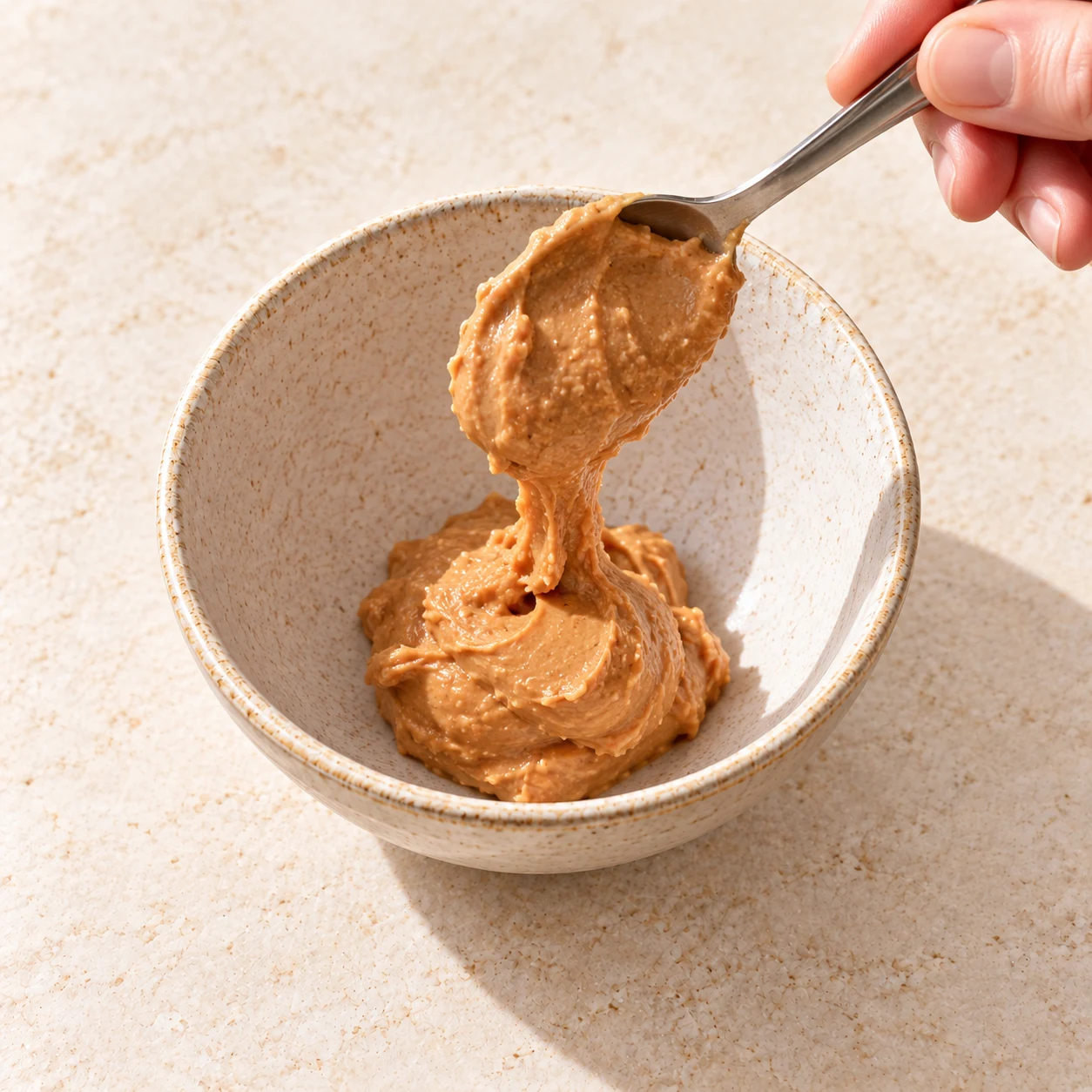 Une main adulte anonyme dépose une cuillerée de purée de cacahuète dans un petit bol neutre ; aucune sauce soja ni épice à ce stade.
