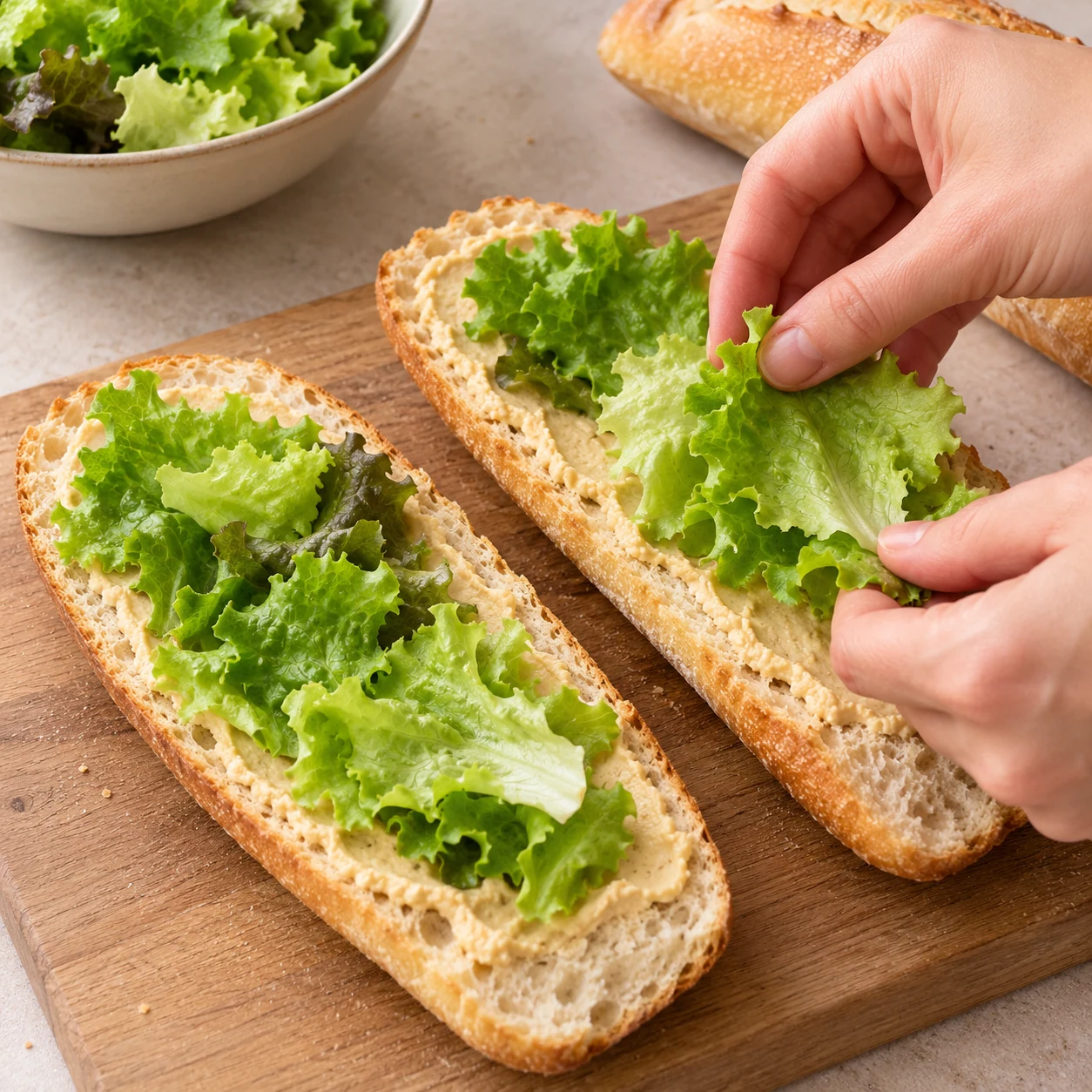 Feuilles de salade dans une baguette ouverte tartinée de houmous.