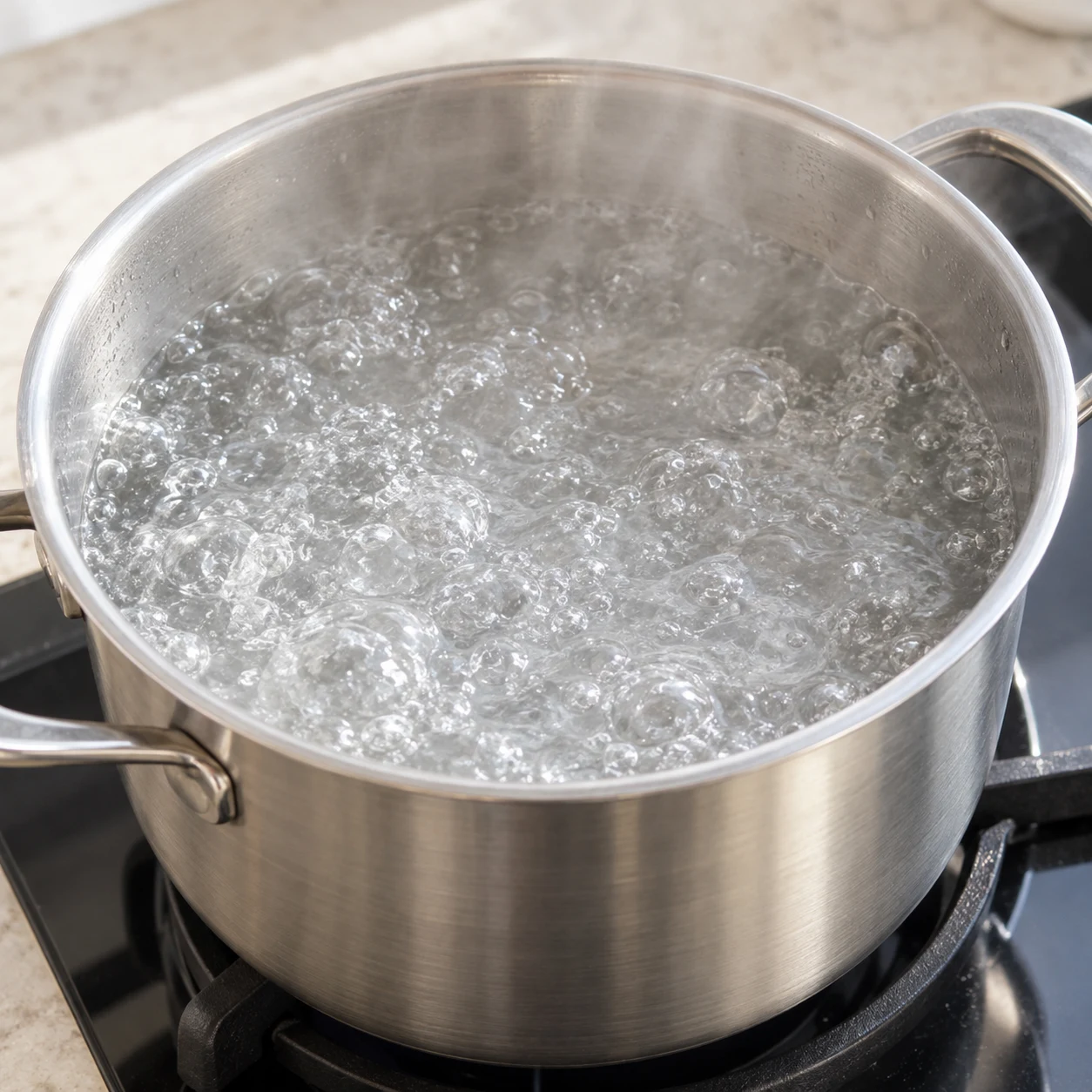 Casserole d’eau bouillante seule, sans pâte ni aucun autre ingrédient.