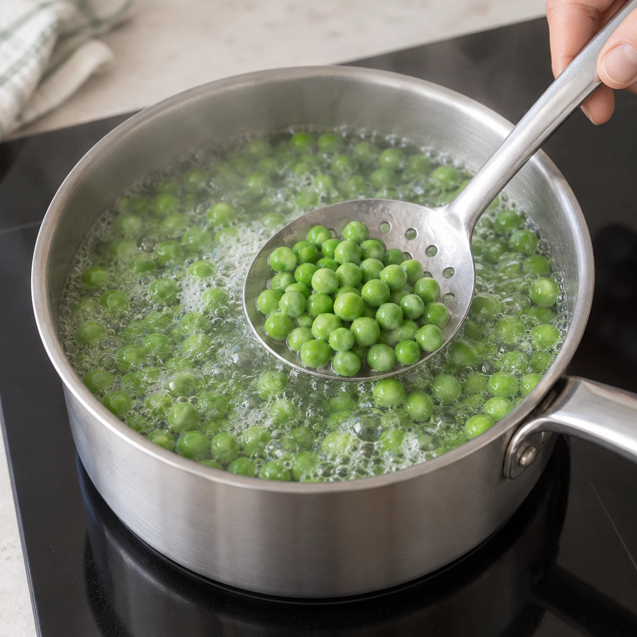 Petits pois surgelés en cours de cuisson dans une casserole d’eau bouillante, sans asperges ni gousses. Une seule photographie carrée.