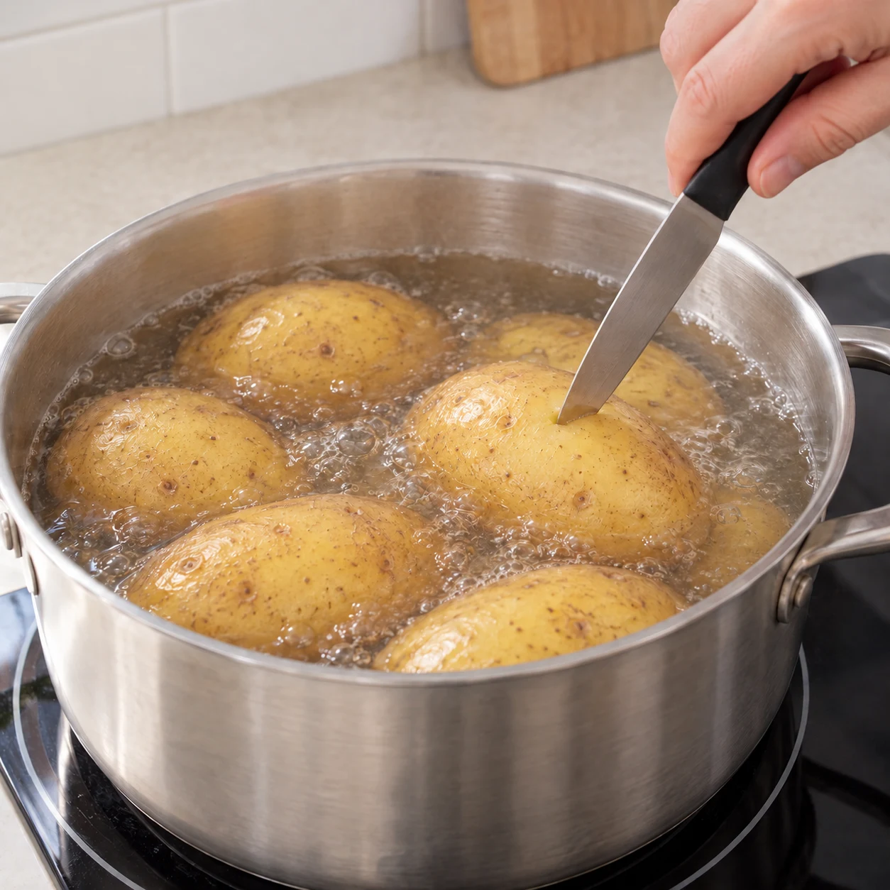 Pommes de terre entières avec leur peau dans une casserole d’eau frémissante ; montrer le test de tendreté avec la pointe d’un couteau, sans découpe.