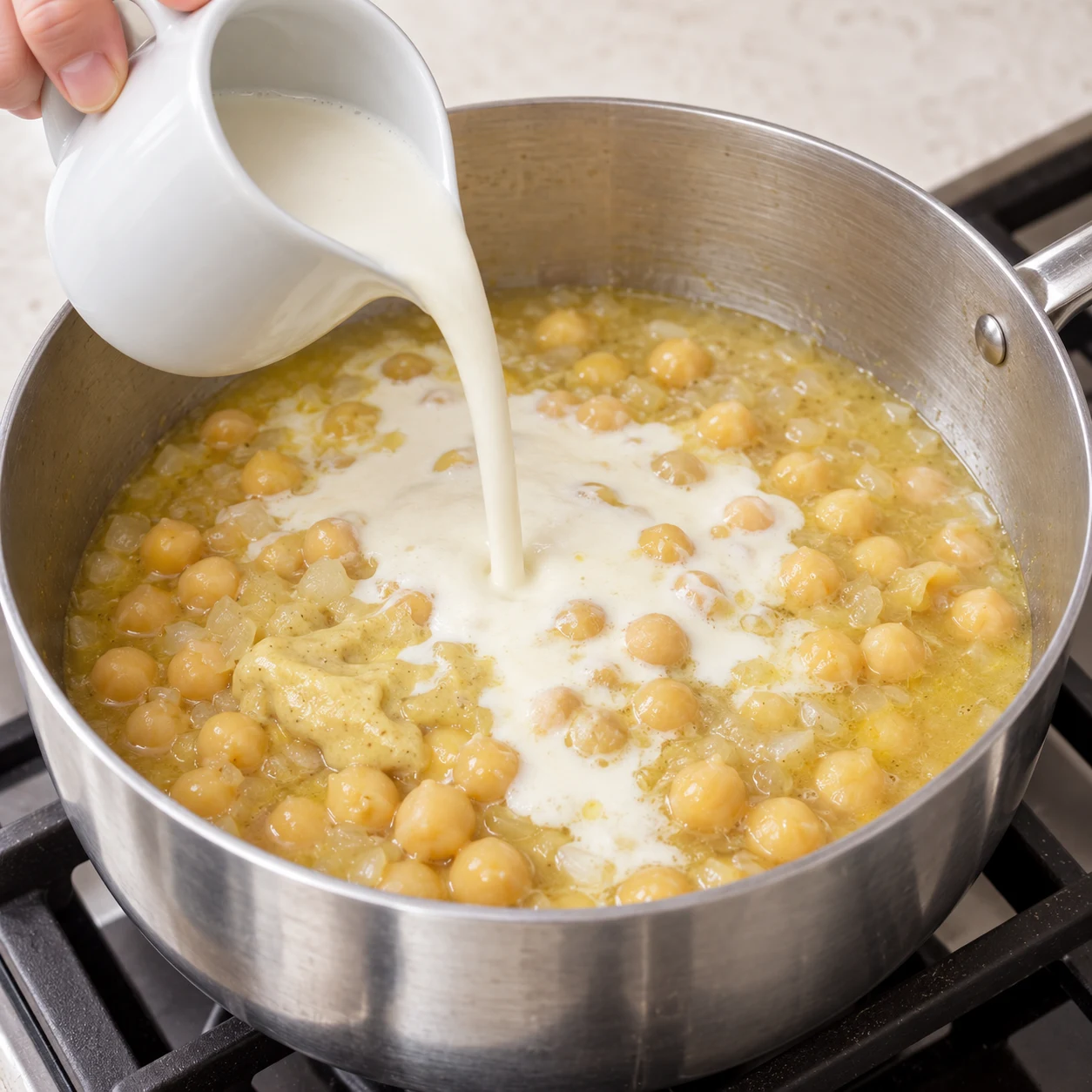 Crème blanche versée depuis un pichet sans marque dans la casserole, pois chiches et moutarde visibles.