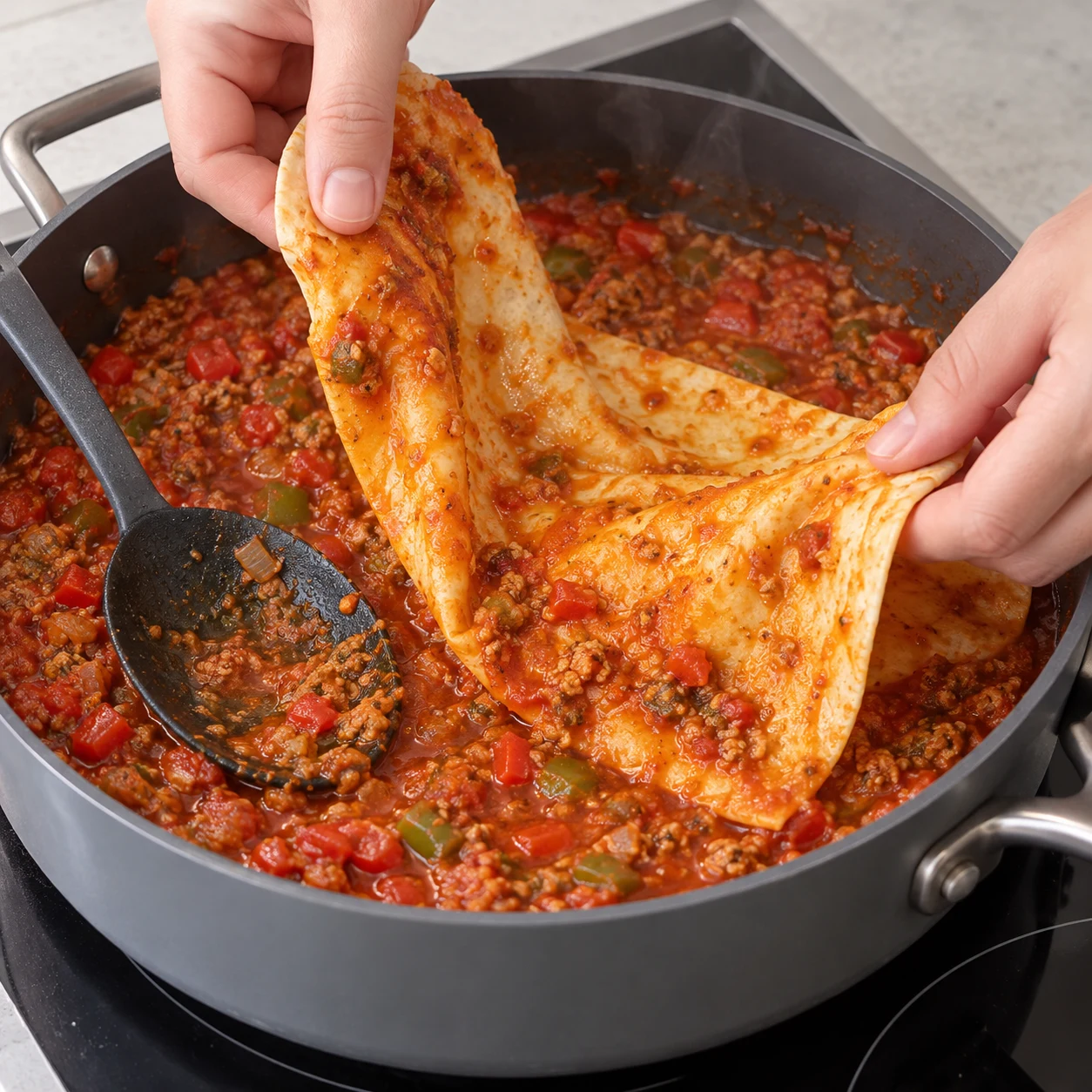 Imprégner un lavash. Le pain est souple et enduit de sauce rouge.