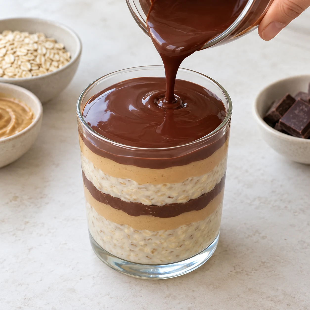 Photographie de cette seule phase : Verser le reste de chocolat fondu sur la ganache pour former la couche supérieure. État final : La surface du verre est recouverte de chocolat. Recette bis : base à l’avoine crémeuse, sans graines de chia ni poudre protéinée. Référence originale pour le montage, adaptation documentée pour les ingrédients.