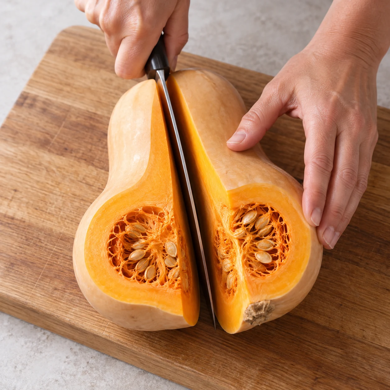 Une photographie pédagogique du geste « Couper la butternut » et de son résultat : Les deux moitiés sont séparées et la cavité des graines est accessible. Fidélité aux ingrédients végétaux finaux, sans autre ingrédient.