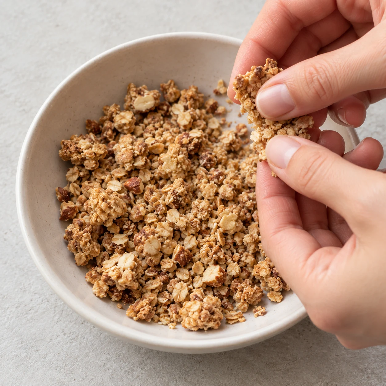 Le granola est séparé en petits amas et flocons.
