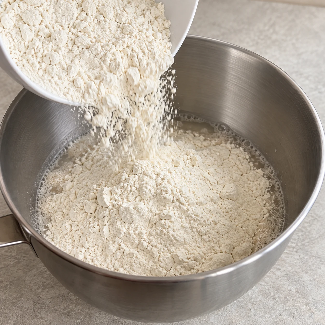 Ajoutez les 800 g de farine T45 dans le bol.