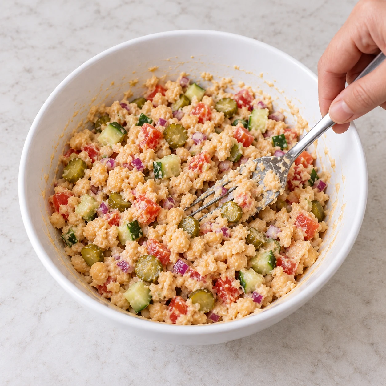 Mélangez dans le bol les pois chiches écrasés, les 5 ml de jus de citron, les dés de concombre et de tomate, l’oignon, les cornichons et les 50 g de houmous nature. Montrer uniquement les ingrédients de cette phase sur pierre pâle, vaisselle blanche neutre.