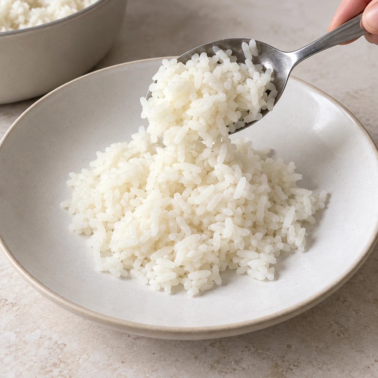 Cuillère déposant du riz blanc cuit dans une assiette neutre sans aubergine ni garniture.