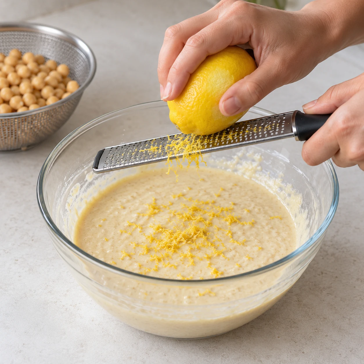 Mains anonymes utilisant une râpe fine sur un citron au-dessus de la base crémeuse.