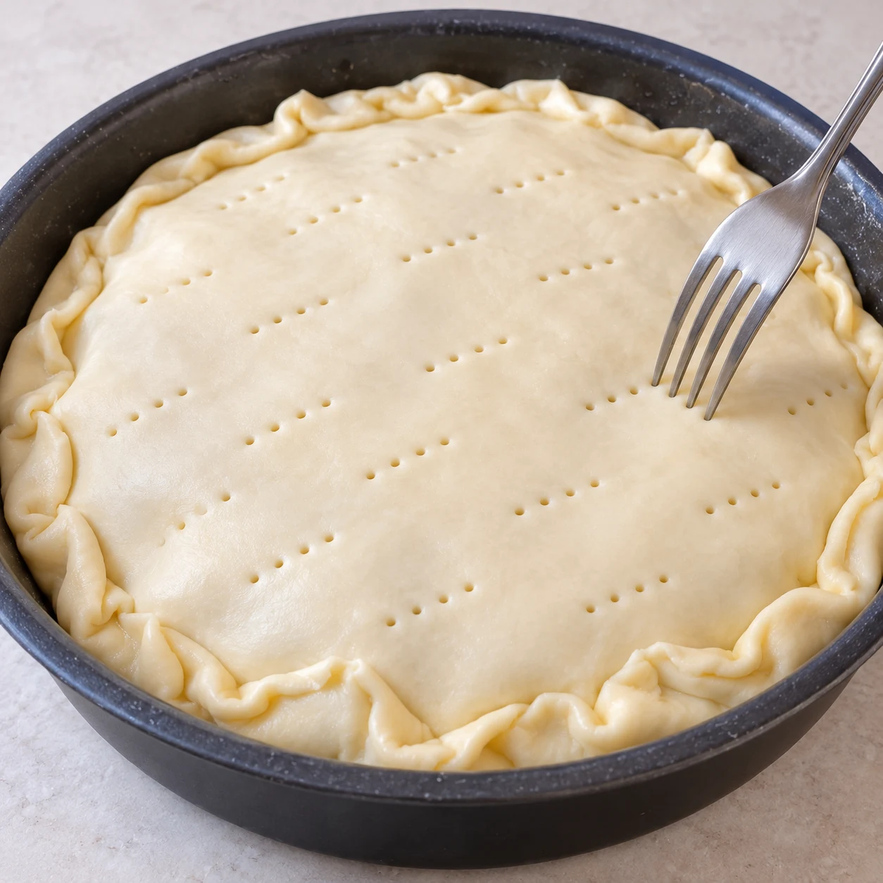 Piquez la surface de pâte à l’aide d’une fourchette. Montrer une seule phase et aucune personne identifiable.