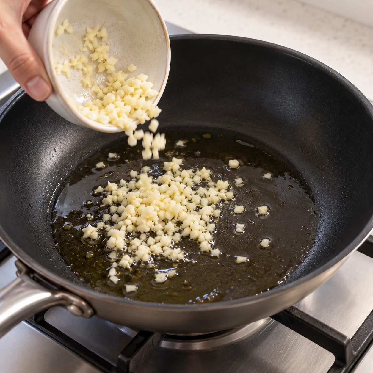 Remets la sauteuse de cuisson des steaks à feu moyen et ajoute l’ail haché dans son huile conservée. Les 2 càs d’huile ont déjà été utilisées pour cuire les steaks ; ne les ajoute pas une seconde fois. Passe aussitôt à l’ajout du gingembre.
