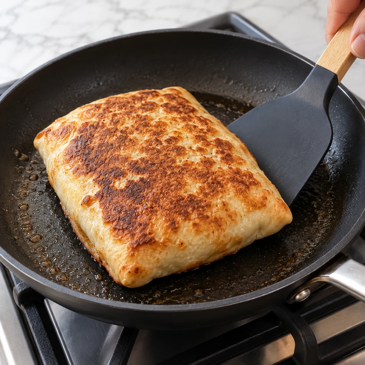 Pocket burger fermé à la croûte dorée dans une poêle, retourné avec une spatule.