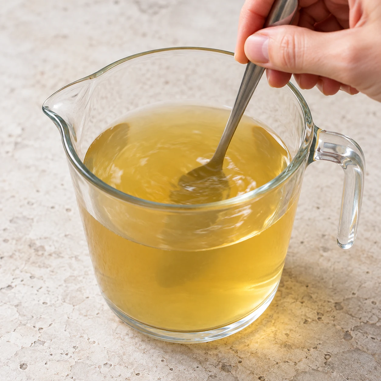 Une main anonyme remue un bouillon clair doré dans un verre doseur sans inscriptions, cube entièrement dissous. Aucun cube dans le blender.