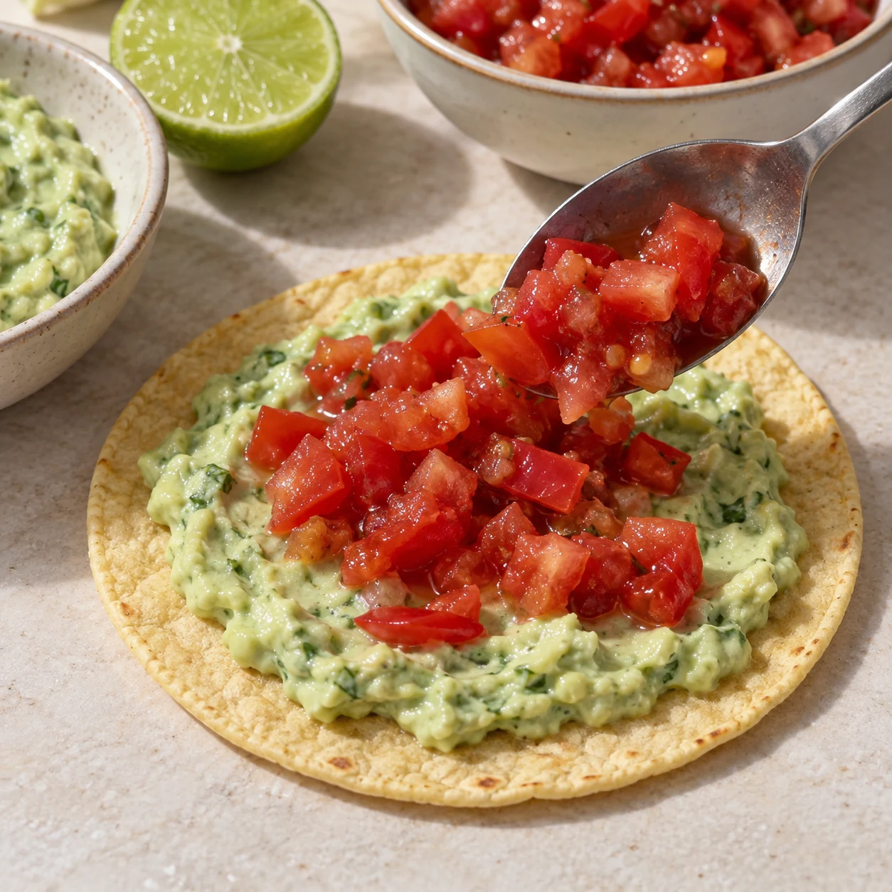 Cuillère déposant la salsa rouge en morceaux sur une tortilla tartinée de crème verte.