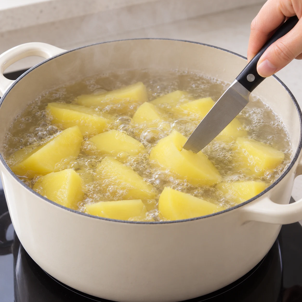 Quartiers jaunes en train de bouillir dans une casserole, petite vapeur.