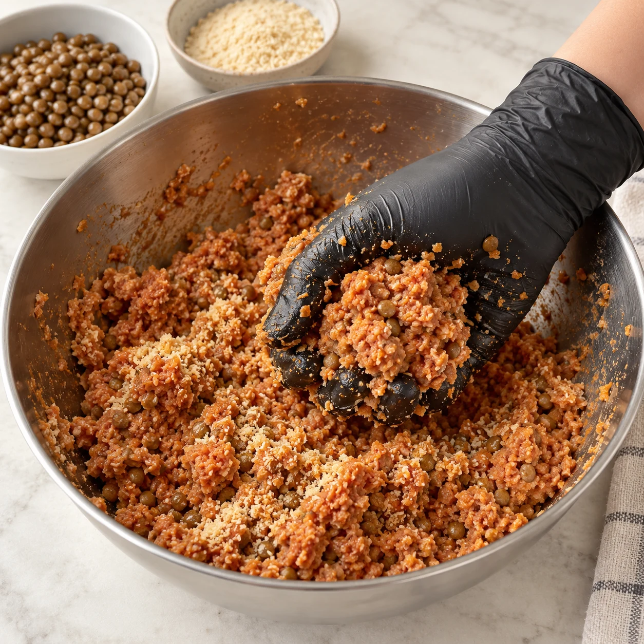 Ajouter les liants et bien mélanger : Ajoute les 15 g de lentilles cuites et la cuillère à soupe de chapelure, puis mélange BIEN à la main. Selon la marque de protéines, ajoute un peu de chapelure si le mélange ne tient pas.