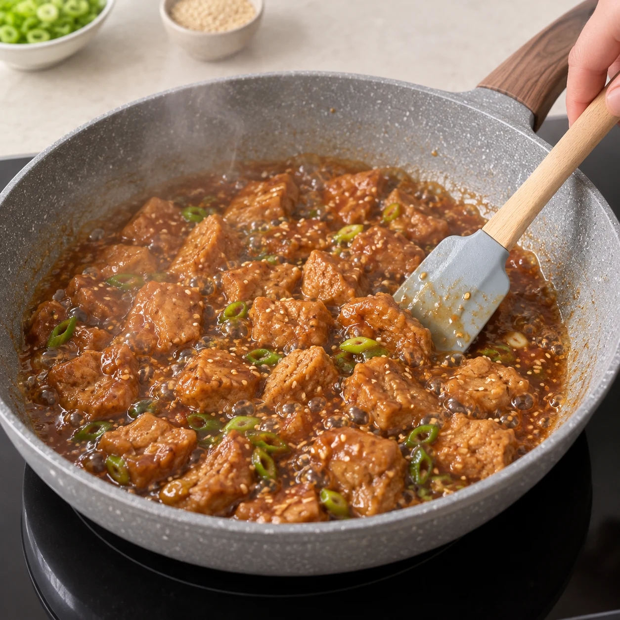 Laissez mijoter les bouchées dans la sauce pendant 5 minutes. La protéine est un steak de pois à texture hachée dense, brun rosé avant cuisson, brun doré après cuisson, en morceaux irréguliers de l’épaisseur d’un steak ; jamais du tofu blanc.