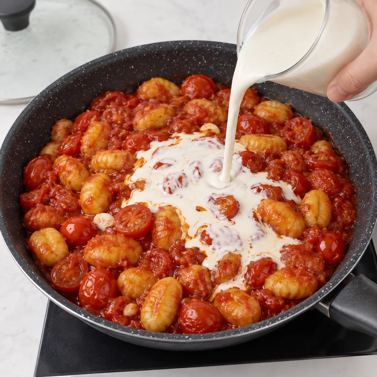 Filet de crème de soja blanche dans les gnocchis à la sauce rouge.